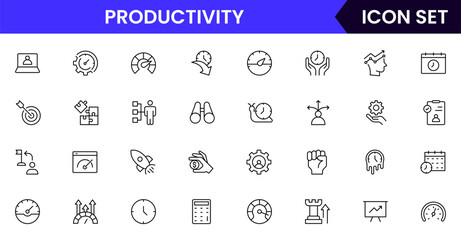 Productivity vector web line icon collection, sleek illustrations of tasks, clocks, calendars, efficiency tools for streamlined, effective designs.