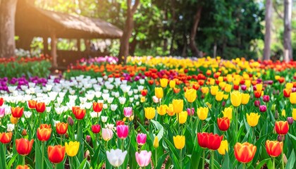 Fototapeta premium Colorful tulip field under sunny sky