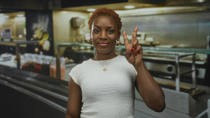 Woman wearing gold hoop earrings smiles and holds up a peace sign with her hand in a kitchen...