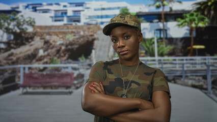 Woman in camouflage uniform with bare arms and dog tag tips cap in front of building; pride duty...
