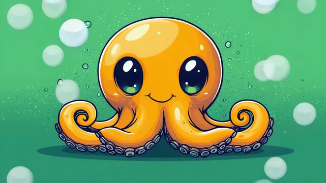 Cute Yellow Cartoon Octopus on Green Background