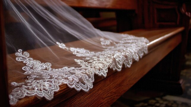 Wedding veil draped on wooden pew
