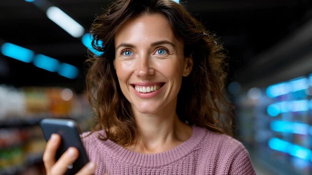Engaged female consumer enjoys live commerce stream on smartphone, exploring products in vibrant retail environment
