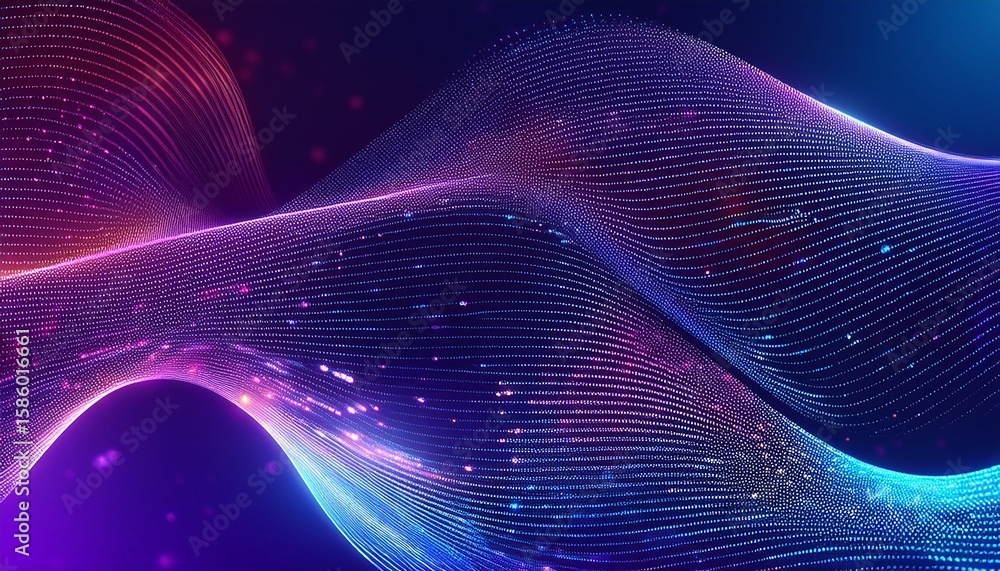 Poster colorful abstract digital background with curved neon lines and dots cosmic flowing fabric waves on 