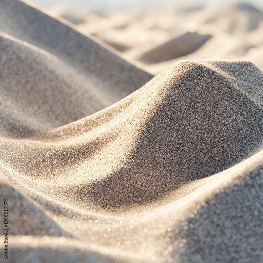 Poster close-up image of fine sand grains forming small dunes with soft lighting highlighting their texture