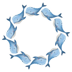 Watercolor round frame with whale, sperm whale, narwhal, fish. Marine template for postcard, invitation, logo, quote. Illustration on white background © Olga Osipchuk	