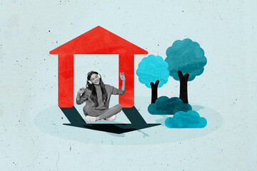 Collage of person house suitcase phone symbolizing relocation moving real estate transition flat...