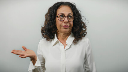 Mature woman with curly hair and glasses gestures on isolated white background expressive and...