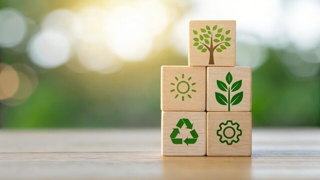 Cube with tree icon glowing among data blocks — highlighting environmental performance in business model
