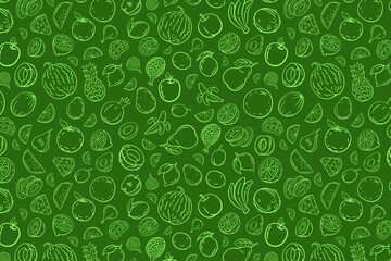 Seamless Green Background with White Fruit Illustrations in a Pattern Design