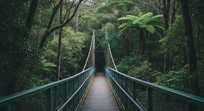 A suspension bridge leads through a dense, green forest on a cloudy day - Powered by Adobe