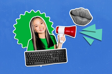 Full image 3d poster art collage of happy korean girl peek keypad hold megaphone proclaim feminism...
