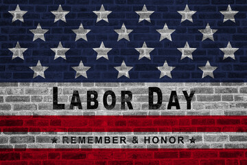 Happy Labor Day Text Over White brick Wall Texture Background and American Flags