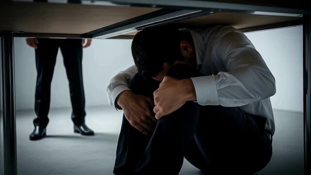 Scared employee hiding under a desk from an angry boss standing over him, symbolizing workplace bullying, corporate pressure, fear and professional anxiety