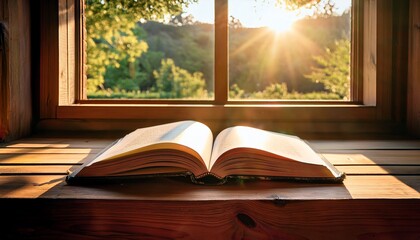 an open book lies on a rustic wooden surface bathed in soft light from a nearby window creating a serene atmosphere