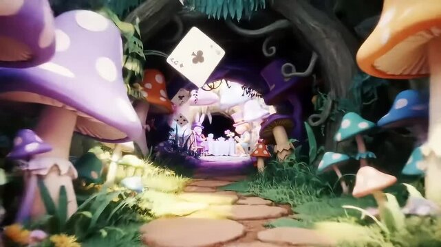 Wonderland path, mushroom scene, tea party background, fantasy theme