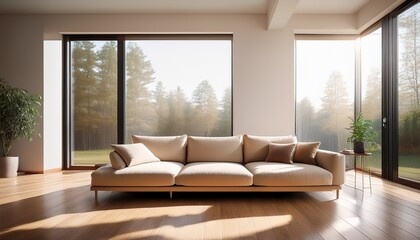 Fototapeta premium minimalist living room with beige sofa wooden floor and natural light streaming through large windows