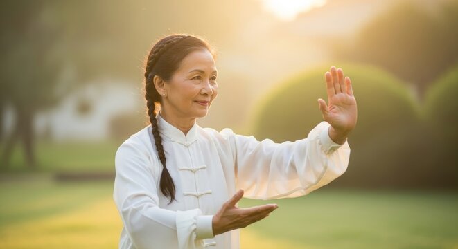 Senior Asian Woman Practicing Tai Chi in Park at Golden Hour