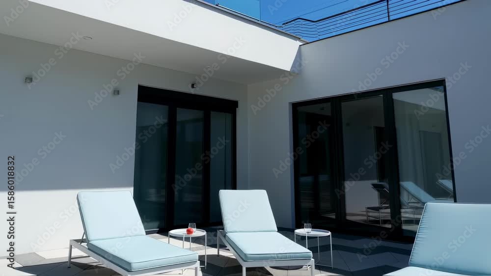 Poster modern architecture embraces outdoor living with stylish sunbeds and small tables arranged on a geom