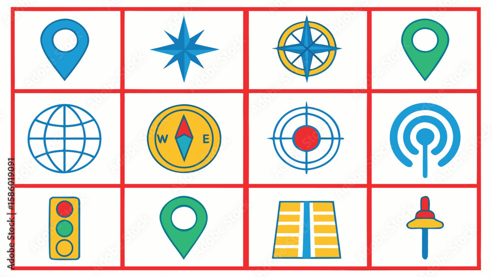 Aufkleber collection of navigation and location icons including maps compasses and traffic signals