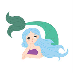 Cute Mermaid with Blue Hair – Flat Vector Illustration for Kids