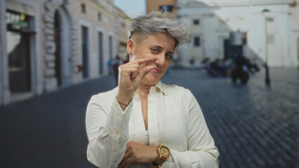 Caucasian woman pinches fingertips closely near her wristwatch on a sunny cobblestone street;...