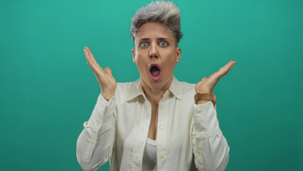 Woman in white shirt raising hands in shock gesture with open mouth in turquoise studio; surprise.