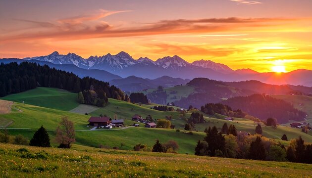 Scenic sunset over rolling hills and mountains