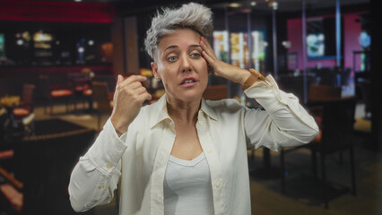 Woman with short gray hair holds hand to forehead with sweat sheen under warm overhead lights in...