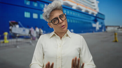 Woman with short grey hair and glasses facing camera with open palms in front of a large blue...