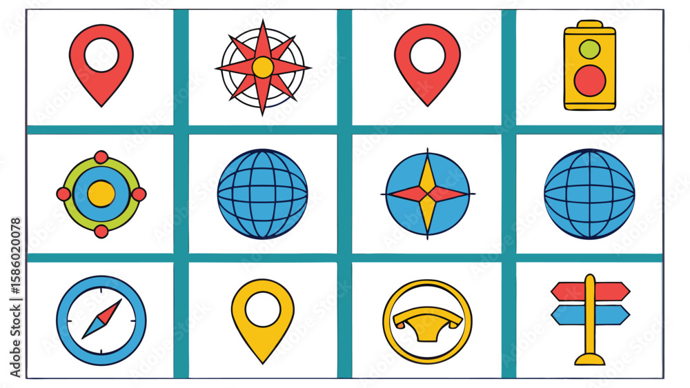 Poster collection of navigation and location icons including map pins compasses globes and steering wheel
