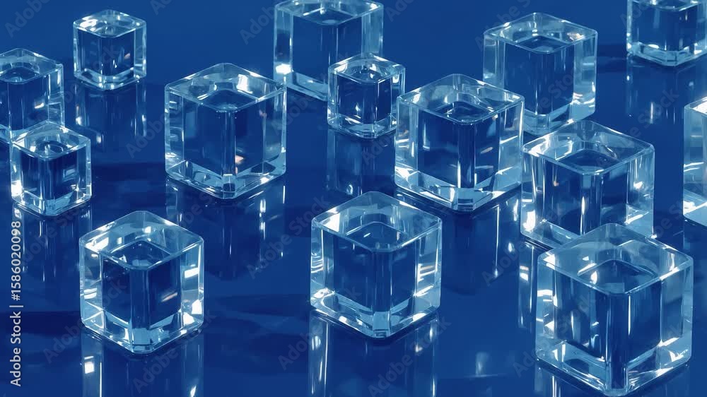Poster abstract animation of reflective glass cubes on a glossy blue surface creating a modern and minimali