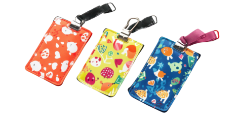 Colorful cartoon luggage tags isolated on a transparent background