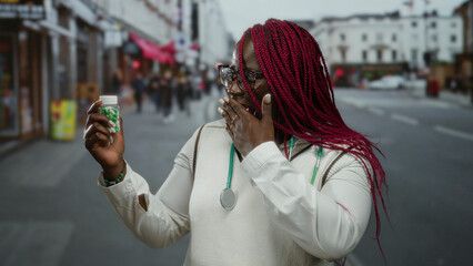 African american woman on city street pointing at pill bottle with stethoscope around neck...