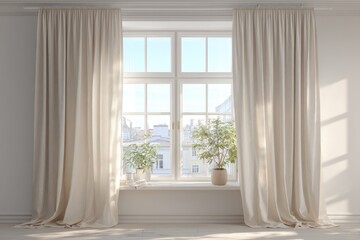 Beige curtains frame a bright window, city view