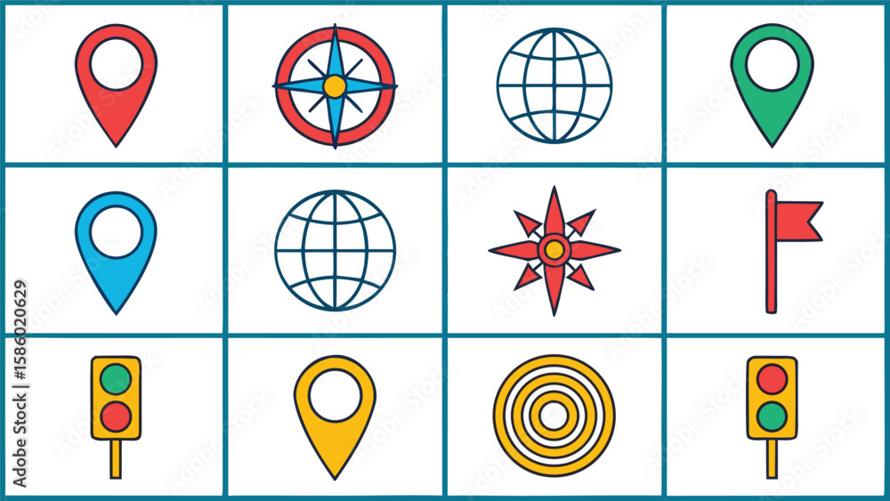 Aufkleber collection of navigation and location icons including maps pins compass globe and traffic lights