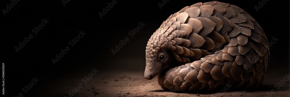 Poster pangolin resting curled in a ball under soft light with space above for messaging