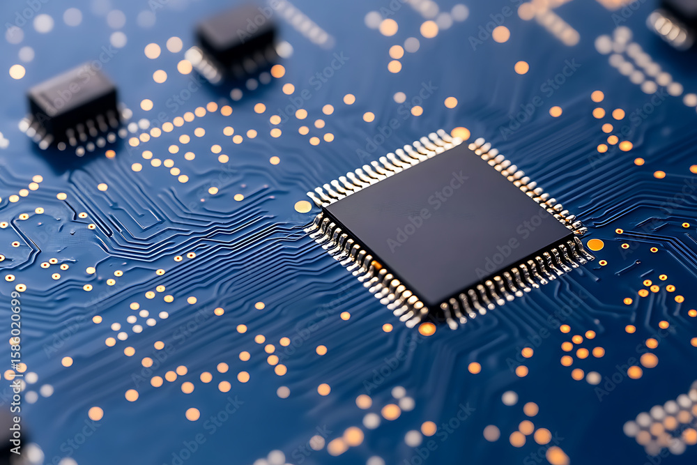 Poster close-up of a microchip on a blue circuit board, highlighting the intricate network of circuits and 