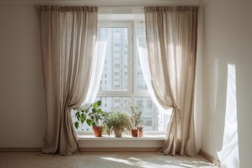 Light-filled room with beige linen curtains and potted plants