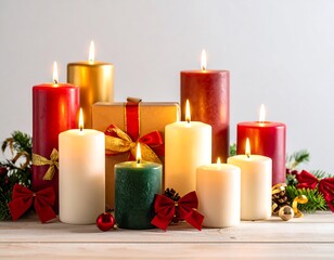 Festive candles and gifts on a wooden surface