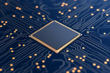 Close-up of a modern computer chip with intricate circuit patterns. Illustrates technological advancement in microelectronics and the complexities of computing.