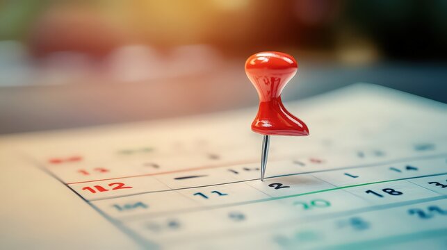 A red push pin marking the second day of the month on a calendar in a close up shot with soft lighting