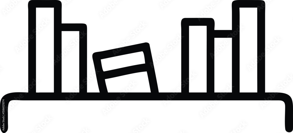Poster simple line art icon of a bookshelf with books, one book lying down