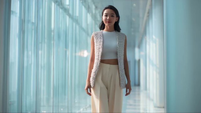 Confident young Asian woman walking toward camera in bright modern glass building, wearing stylish neutral outfit and smiling gently