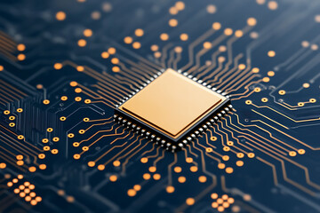 Close-up of a modern integrated circuit board with intricate pathways. A visual representation of advanced technology and connectivity.