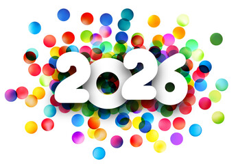 Bold white 2026 numbers over layered vibrant dots. Vector illustration ideal for festive, modern, and party themes.