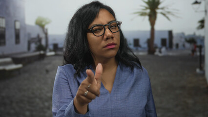 African american woman wearing glasses points finger on cobblestone street under soft sunlight;...