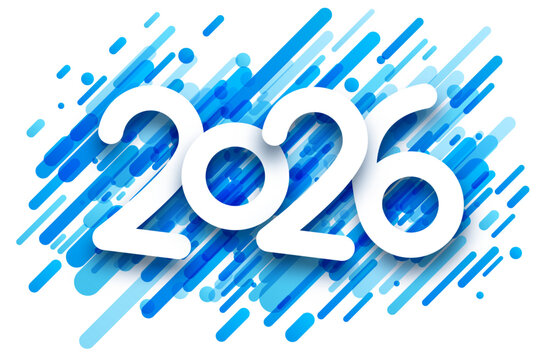 White 2026 numbers over dynamic blue gradient lines and shapes. Vector illustration.