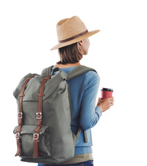 Young tourist woman with backpack during vacation isolated transparent PNG, cheerful student girl traveling abroad in summer - isolated design element, travel and tourism concept