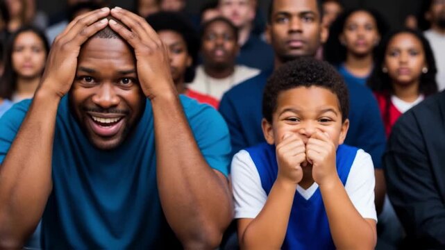 Shocked father and son watching a tense moment at a sports game, their faces showing disbelief and anxiety, perfect for concepts of fandom, suspense and family entertainment
